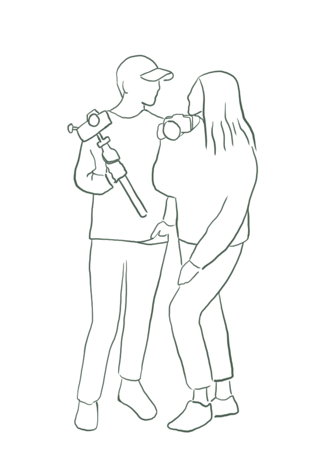 Illustrated Gif of Hannah and Adam holding their camera gear