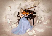 A high school senior in a flowing dress playing the violin amidst floating music sheets, showcasing artistic senior photography in North Carolina. This creative scene is perfect for capturing the unique talents of graduating students.