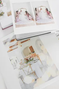 Fine art wedding album pages showing the bride getting ready with her bridesmaids