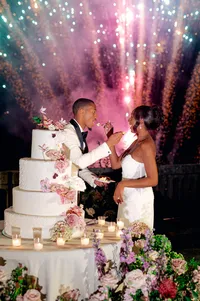 Wedding toasts with fireworks at Villa Lario Resort Mandello Lake Como Italy destination wedding
