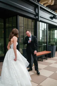 Bride first look with Dad at Hotel Vin Grapevine Texas
