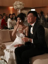 Bride crying during wedding toasts at Hall of Lights Dallas - Stephanie Michelle Photography