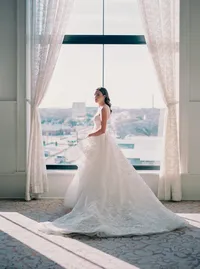 Bride in wedding dress at Hotel Vin Grapevine Texas — classic Texas wedding photography