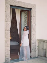 Bridal portrait on terrace at Villa Lario Resort Mandello Lake Como Italy — fine art destination wedding photography
