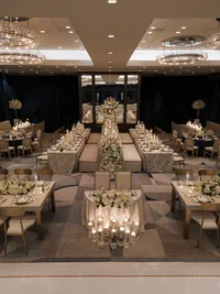 Wedding reception at The Joule Hotel Dallas — velvet draping and mirrored bar