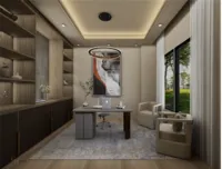 residential office design with modern chandelier built-ins and floating desk