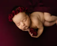Sleeping newborn baby girl holding a small red heart prop while wearing a burgundy floral headband during a studio newborn photography session in Inland Empire by Kaitlyn Dawn Photography.