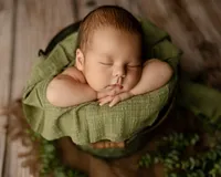 Sleeping newborn baby boy posed in a green bucket prop with hands tucked under chin and greenery accents during a studio newborn photography session by Inland Empire newborn photographer Kaitlyn Dawn Photography