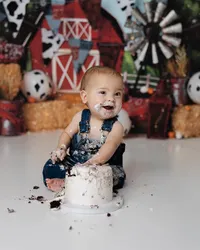 Laughing baby in overalls enjoying his cake smash in front of a red barn backdrop decorated with cow balloons and rustic props. Photograph by Yucaipa cake smash photographer Kaitlyn Dawn Photography.