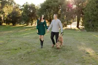 Couple walking hand in hand with their dog in a sunlit park at sunset, natural lifestyle photography by Kaitlyn Dawn Photography.