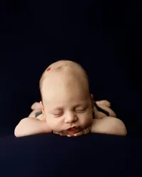 Sleeping newborn baby posed on hands with a dark blue background during a dramatic studio session by newborn photographer Kaitlyn Dawn Photography.