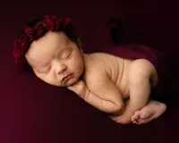 Sleeping newborn baby girl posed on a deep red backdrop and wearing a burgundy floral headband during a newborn photography session by Kaitlyn Dawn Photography.