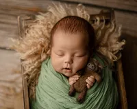 Peacefully sleeping newborn baby wrapped in a sage green swaddle while holding a small stuffed lamb during a cozy studio newborn photography session by Kaitlyn Dawn Photography.