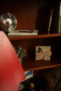 Warmly lit wooden record shelf with disco ball, vinyl albums, books, and potted plant; a red foreground shape adds a nostalgic, cozy mood.