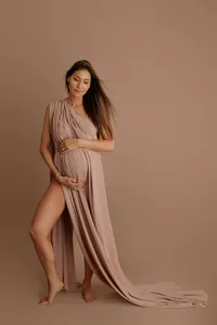 full body shot of pregnant woman in soft wrap during Los Angeles maternity photography session