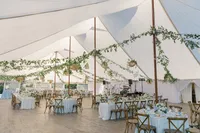 Tented reception with hanging greenery and long tables