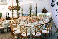 Reception tables under a sailcloth tent at the Samoset Resort in Rockport, Maine