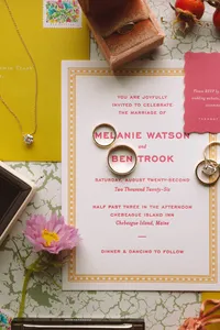 Invitation suite with wedding rings and colorful florals