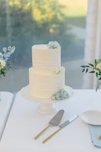 Two tier white wedding cake with greenery