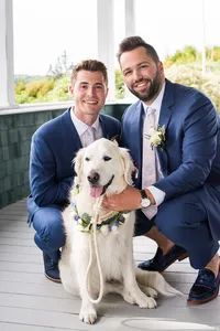 Groom kneeling beside a golden retriever in a bow tie