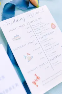 Wedding weekend itinerary card with watercolor illustrations