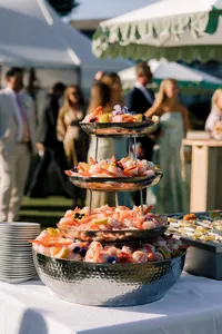 Tiered seafood display at cocktail hour for Patty and Cooper's Maine wedding
