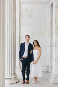Editorial Engagement shoot white dress and blue suit