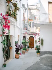 Charming Italian village street in Puglia with flowers and historic houses – perfect backdrop for romantic Italy wedding portraits.