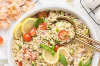 Lemon Orzo Pasta Salad with Grilled Shrimp Skewers Hero-8
