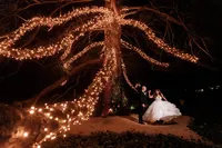 A bride and groom dancing beneath some fairy lights. Images captured by Sydney wedding photographer Lonely Hunter