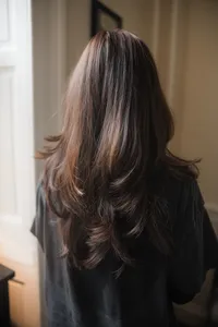 a warm-toned brunette with a butterfly shag cut blown out into smooth bouncy waves at Moxie Hair Studio