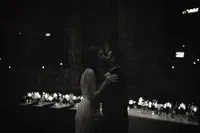 film BW scan of couple kissing at Museum Lab