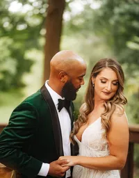 man and wife low cut v neck wedding dress