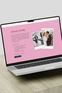 Wedding photography website offers section displayed on a laptop.