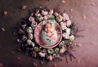 Newborn baby girl swaddled in a floral wrap and bow, sleeping peacefully in a pink basket surrounded by blush and lavender flowers, photographed in Waukesha near Hartland, WI.
