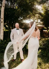Groom looking adoringly at his bride during their St. Augustine wedding.