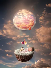 4Karma Studio - A whimsical fine art newborn portrait in Los Angeles featuring a baby floating in a hot air balloon basket surrounded by clouds, created with expert composite artistry and true-to-life tones.