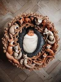 4Karma Studio - A sleeping newborn nestled in an intricately carved fine art wooden prop, captured with an editorial style and true-to-life colors in Los Angeles.