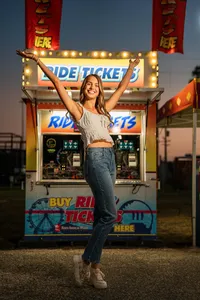 Senior portrait at the Greater Gulf State Fair in Mobile, Alabama — arms raised in front of a
ticket booth.