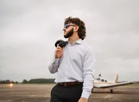 Senior portrait at a small hangar near Mobile International Airport in Mobile, Alabama — suit
jacket over his shoulder, wearing aviators