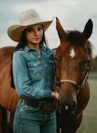 Senior portrait at Triple T Farms in Fruitdale, Alabama — standing beside her brown horse,
holding the reins.