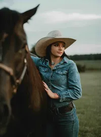 Senior girl wearing a cowboy hat posing with her horse at Triple T Farms in Fruitdale, Alabama.