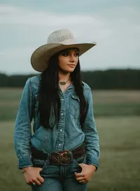 Senior portrait at Triple T Farms in Fruitdale, Alabama — waist-up, thumbs in pockets, looking
off into the distance.