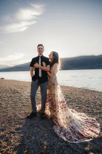 Bride and groom embracing during golden hour adventure elopement glacier natational park