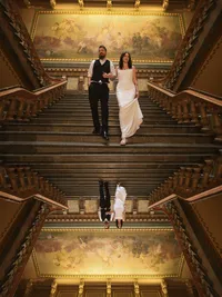Iowa non-traditional couple double exposed, mirrored upside-down artistic portrait wedding tattoo pierced alt