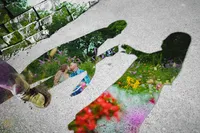 The Des Moines Rose Garden engagement session double exposure non-trational portrait Des Moines Art Museum