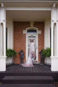 Iowa Wedding 1868 Farmhouse Wedding Venue wedding dress portrait non-traditonal dress Red and White Floral Summer Wedding