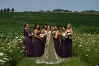 Non-traditional alternative Tattooed bride with green dress with purple bridesmaids portrait Baqara wedding venue