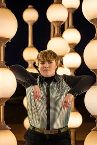 senior session at night at waterworks park with non-traditional alternative LGBTQ senior light sculpture
