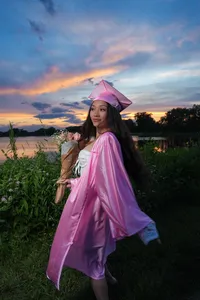 Pink Graduation senior at grays lake park in Des Moines Iowa Golden Hour Sunset